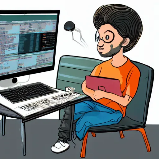 Prompt: software engineer sitting on a chair with a laptop after finding a bug that he spent several weeks debugging. highly detailed, digital art, trending on artstaion.