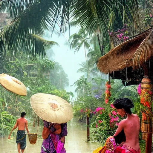 Image similar to monsoon on tropical island, oriental woman, ornate, beautiful, atmosphere, vibe, mist, coconuts, rain, wet, pristine, puddles, melting, dripping, snow, creek, lush, ice, bridge, forest, roses, flowers, by stanley artgerm lau, greg rutkowski, thomas kindkade, alphonse mucha, loish, norman rockwell