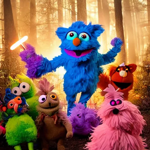 Image similar to a large fox colored furby muppet holding a lit torch and herding a bunch of random muppet animals following behind through a dark felt forest at night, sesame street, photograph, photography, ultrarealistic, national geographic