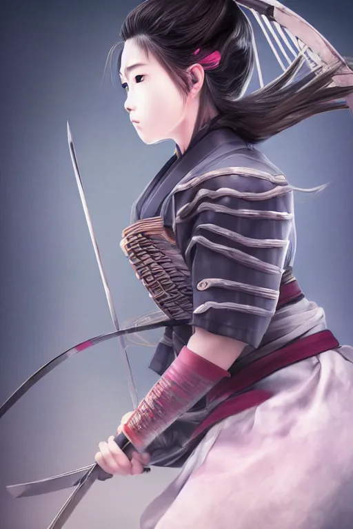 Image similar to highly detailed beautiful photo of a young female samurai, practising sword stances, symmetrical face, beautiful eyes, realistic anime art style, 8 k, award winning photo, pastels colours, action photography, 1 / 1 2 5 shutter speed, dramatic lighting