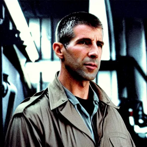 Prompt: film still blade runner Officer Deckard wearing techwear