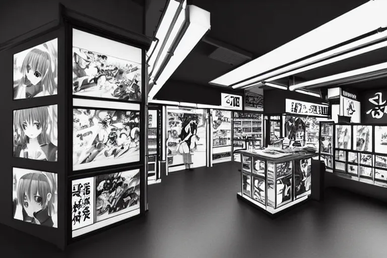 Image similar to still photo of a japanese street anime shop, black and white color aesthetic, highly detailed, photorealistic portrait, bright studio setting, studio lighting, crisp quality and light reflections, unreal engine 5 quality render