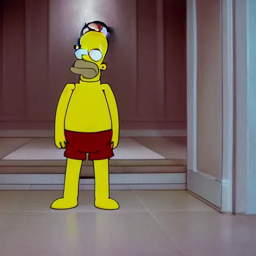 Image similar to homer simpson in a scene from the shining, 7 0 mm zeiss prime lens,