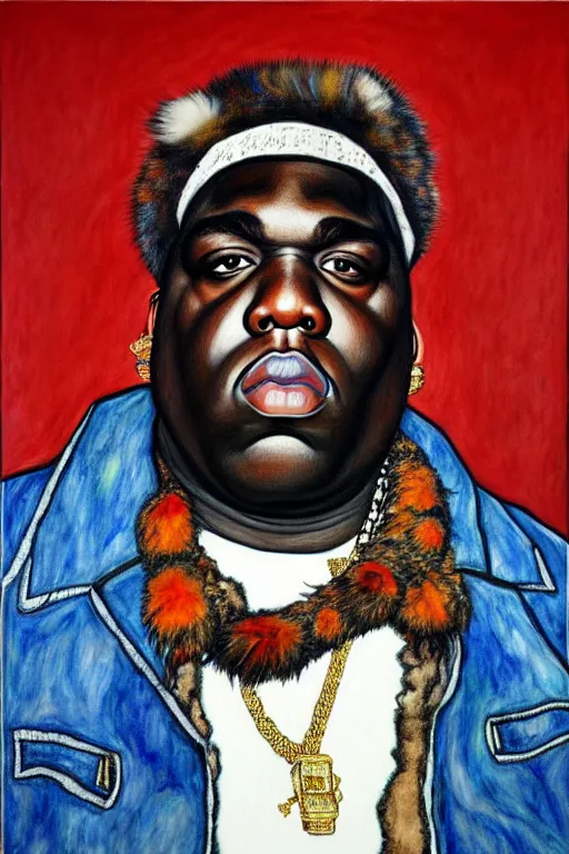 Image similar to full body!! a portrait of biggie smalls aka notorious b. i. g. wearing boho - chic style clothes, with a fur muffler and feathers, realistic painting in egon schiele style, masterpiece, hyperdetailed, complex, intricate, 4 k, hyperrealistic, trending on artstation