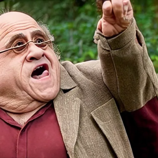 Prompt: movie still of danny devito starring as gimly in the 2 0 2 6 lord of the rings movie, full body