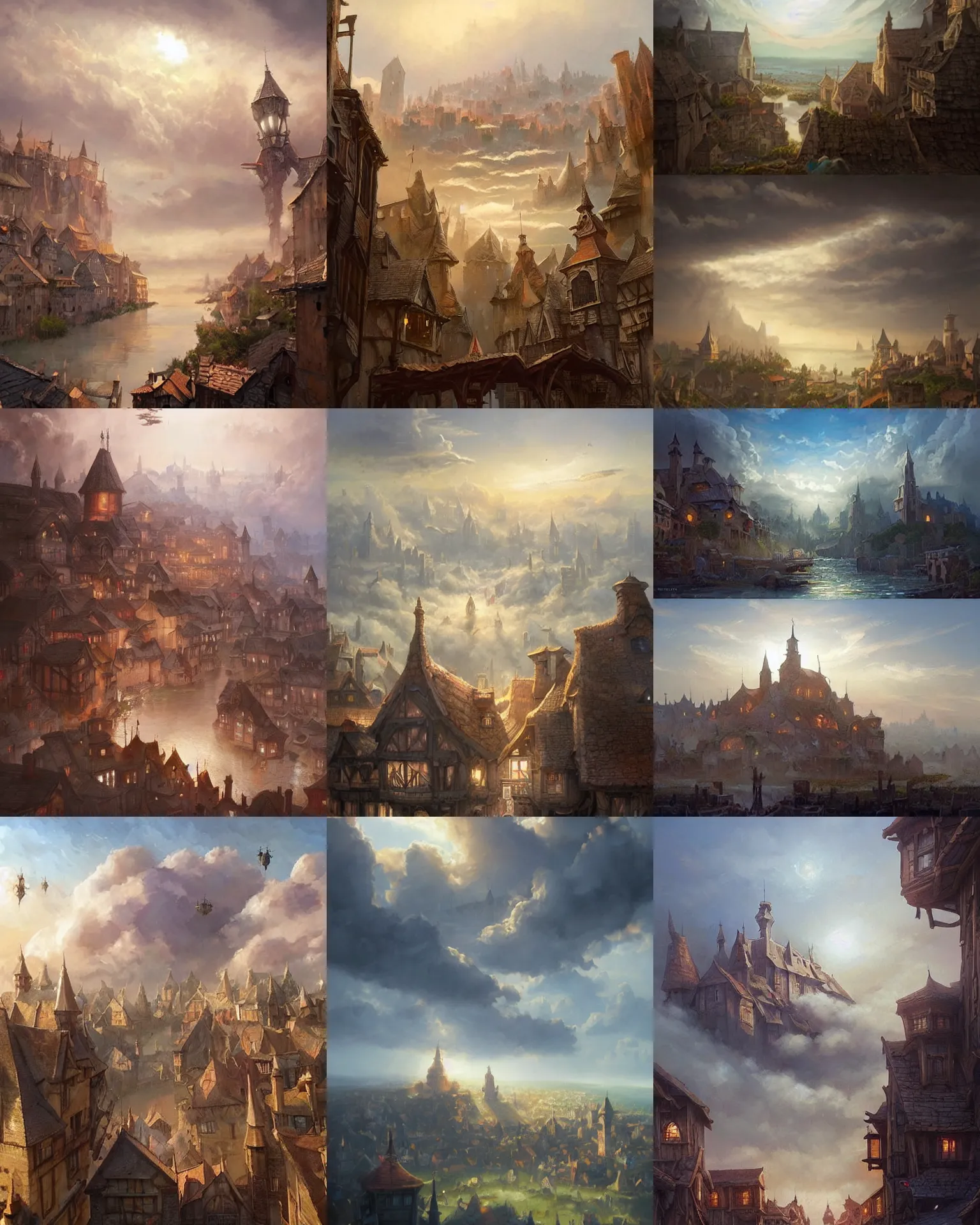 Prompt: medieval town floating in the sky over the clouds, concept art, oil painting, heartstone, art by artgerm and greg rutkowski and marc simonetti