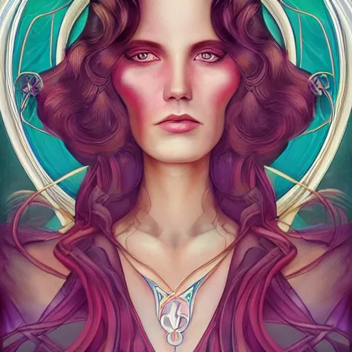 Image similar to an art nouveau, ( streamline moderne ), multi - racial portrait in the style of anna dittmann and charlie bowater and clyde caldwell. very large, clear, expressive, and intelligent eyes. symmetrical, centered, ultrasharp focus, dramatic lighting, photorealistic digital matte painting, intricate ultra detailed background.