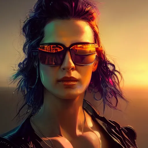 Prompt: cyberpunk, portrait of a beautiful cyberpunk woman, sunglasses, shag hair, sunset, cyberpunk city background, megacity, gorgeous view, depth, high detail, digital art, painted by greg rutkowski, neuromancer, trending on artstation