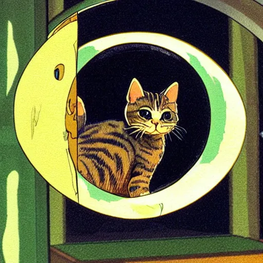 Prompt: a cat peeks out of a circular bubble window, studio ghibli