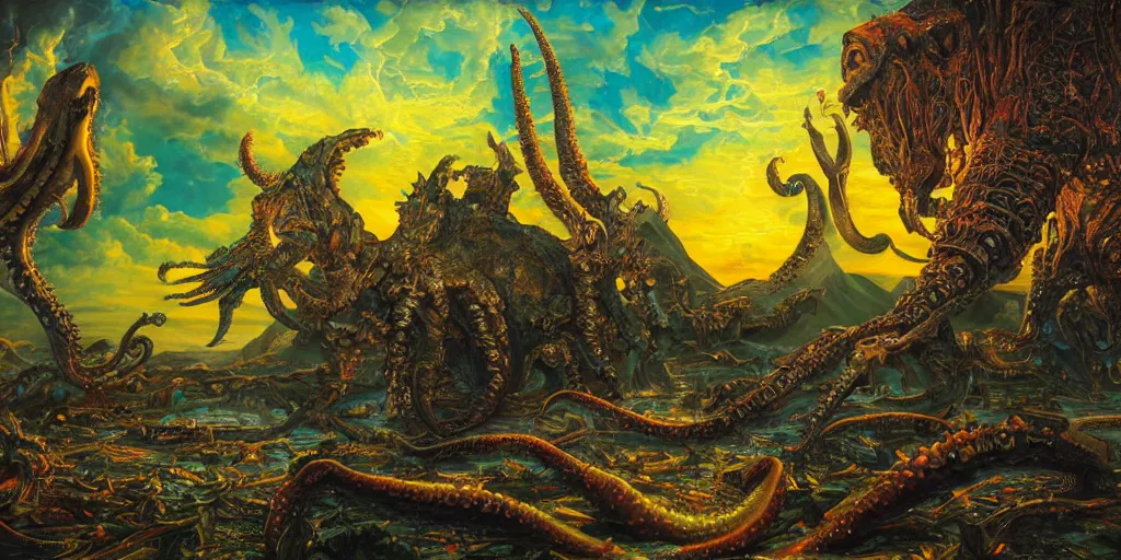 Image similar to fantasy oil painting, great leviathan, cybernetic turtle cephalopod terrapin reptilian pachyderm squid, bella hadid, hybrid, milla jovovich, anubis epic islamic city, natural light, lush plants flowers, spectacular mountains, bright clouds, luminous sky, outer worlds, golden hour, michael cheval, edward hopper, michael whelan, hd