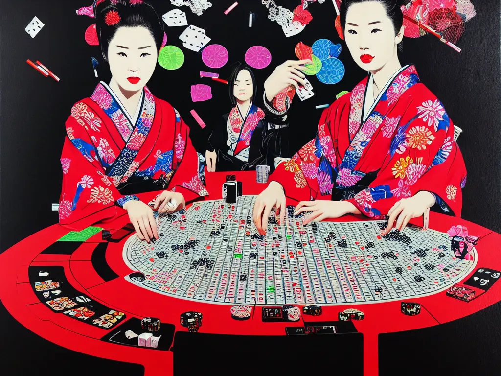 Image similar to hyperrealism composition of the detailed woman in a japanese kimono sitting at an extremely detailed poker table with darth vader, fireworks on the background, pop - art style, jacky tsai style, andy warhol style, acrylic on canvas