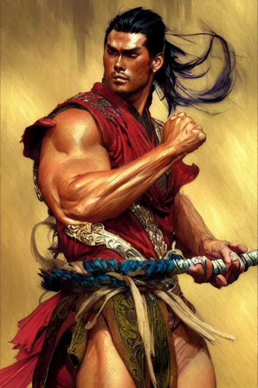 Image similar to wuxia, beefy male, character design, colorful, painting by gaston bussiere, craig mullins, j. c. leyendecker, tom of finland