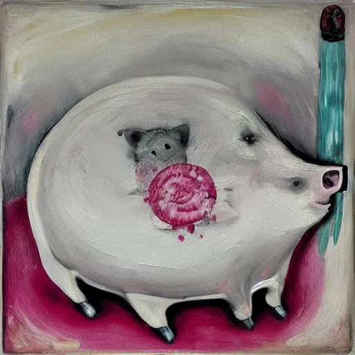 Image similar to “pig paintings and pig sculptures in a pig art gallery, pork, ikebana white flowers, white wax dripping, squashed raspberry stains, acrylic and spray paint and oilstick on canvas, by munch and Dali”