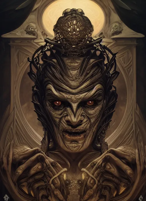 Prompt: symmetry!! portrait of grotesque hades, greek mythology, ancient greece, underworld, intricate, dark design, highly detailed, dark lighting, digital art, digital painting, artstation, sharp focus, illustration, art by artgerm and h r giger and greg rutkowski and alphonse mucha, 8 k