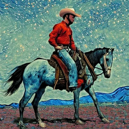 Prompt: A lone cowboy riding a horse on Mars in the style of Van Gogh