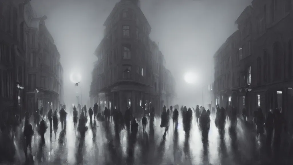 Prompt: a large black sphere with glowing edges over a crowd of people on street of the old town with houses in the windows of which the light is on. early morning, fog on ground, wet street. mike barr painting. volumetric light, dull colors, dark, noir arthouse, 3 5 mm, hight detalied, hd, 4 k