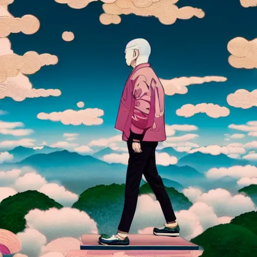 Image similar to a man walking on clouds away from the camera above kyoto by takashi murakami, beeple and james jean, aya takano color style, 4 k, super detailed, modern, 4 k, symmetrical