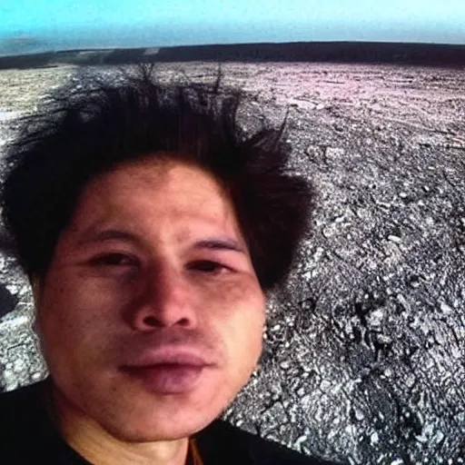 Prompt: last selfie before end of earth, nukes at background, very scarry and depressing