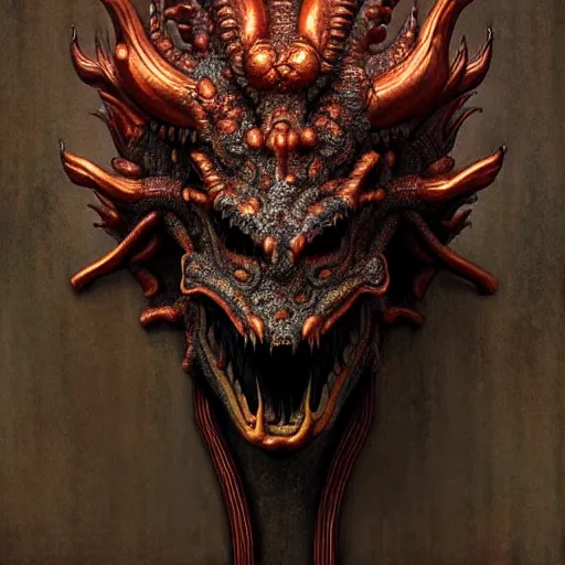 Image similar to a chthonic dragon head art by Daniel Dos Santos, Beksinski, Giger, intricate colourfully painted carved wood paneling, dark souls, ivory and copper , artstation