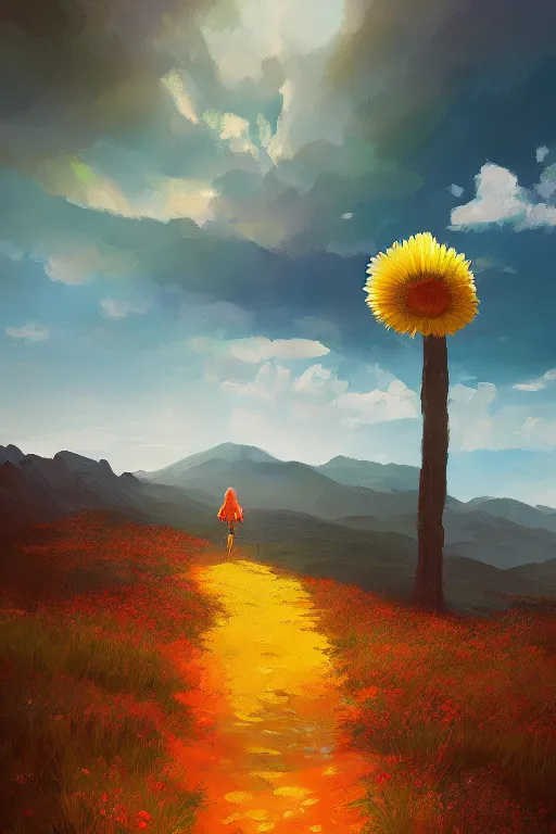 Image similar to giant daisy flower head, girl hiking in the mountains, surreal photography, sunrise, dramatic light, impressionist painting, colorful clouds, digital painting, artstation, simon stalenhag