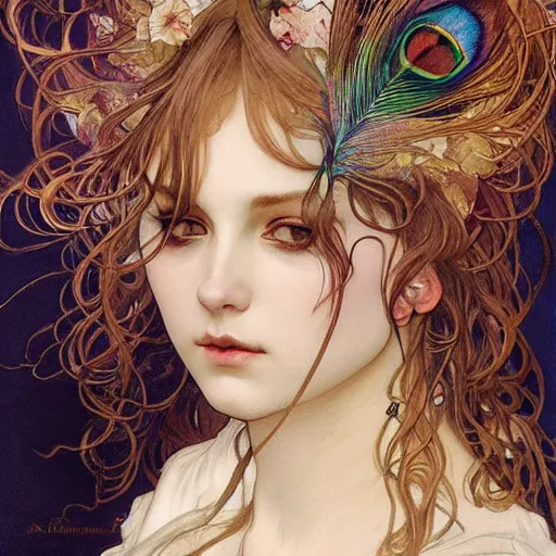 Prompt: realistic detailed face portrait of goat with iridescent peacock feathers in her hair by Alphonse Mucha, Ayami Kojima, Amano, Charlie Bowater, Karol Bak, Greg Hildebrandt, Jean Delville, and Mark Brooks, Art Nouveau, Neo-Gothic, gothic, rich deep moody colors, rule 34