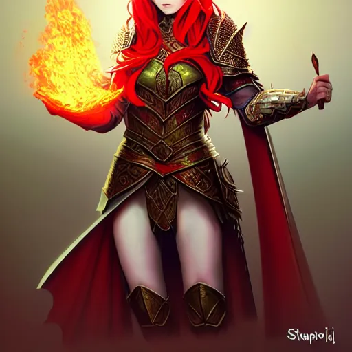 Image similar to a female elven cleric with red long hair, very good beautiful heavy scale armor, wearing a cape, casting a fire spell, dungeon background, magical, bright, colorful, fantastic lighting, amazing details, 4 k uhd, illustration by stephanie brown and mingchen shen and ilya kuvshinov, artstation, pixiv, concept art,