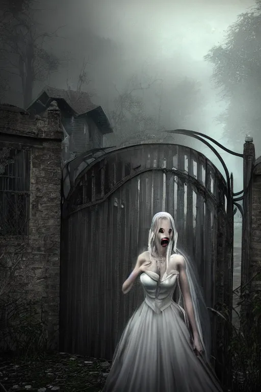 Image similar to a zombie bride with flowing dress and veil at the gate of a decrepit house, night, mist, smoke, scary, spooky, dramatic lighting, moody, style of stephen jones, bernie wrightson, octane render