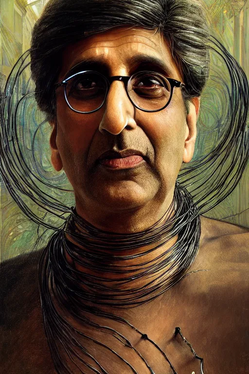 Image similar to hyperrealist portrait of amitabh bacchan, it is decorated with long wires that fall like vines and wears small computers over their body. by jeremy mann and alphonse mucha, fantasy art, photo realistic, dynamic lighting, artstation, poster, volumetric lighting, very detailed faces, 4 k, award winning