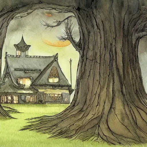 Prompt: the hall in the castle decorated for halloween hayao miyazaki in a small clearing among trees, watercolor illustration for a book