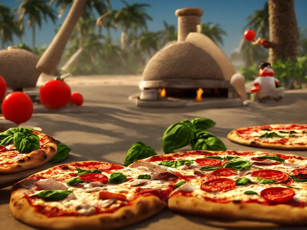 Prompt: close - up of a pizza cooking in a wood fired pizza oven on a tropical beach, in the sunset, basil growing as palm trees, in the background little tomato characters are playing with mozzarella balls in the water, dusk, warm light, extremely detailed 3 d octane render, 4 k, 8 k