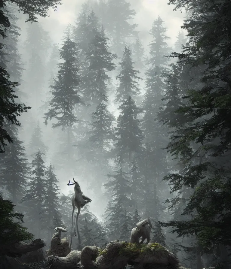 Image similar to a beautiful hyperrealistic detailed 3 d render colossal grey forest creatures guarding a wall of infinite pine trees, by anton otto fischer, atey ghailan, by goya, unreal engine, octane render, epic, 3 d, intricate, ultra wide, artstation, volumetric lighting, hdr, polished, micro details, ray tracing, 8 k