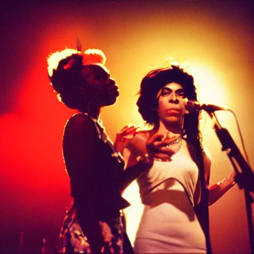 Prompt: film photo of Nina Simone and Amy Winehouse on stage at a club, dark lit, beautiful lighting, halation, realistic, chromatic aberration, dof, god rays, ektachrome 100,