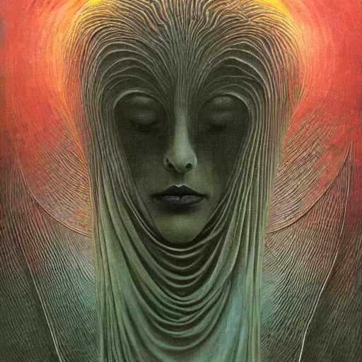 Image similar to dark shrouded woman performing ethereal ritual, expanding energy, epic surrealism oil paint by Ernst Fuchs, Zdzislaw Beksinski, Katsuhuro Otomo highly detailed