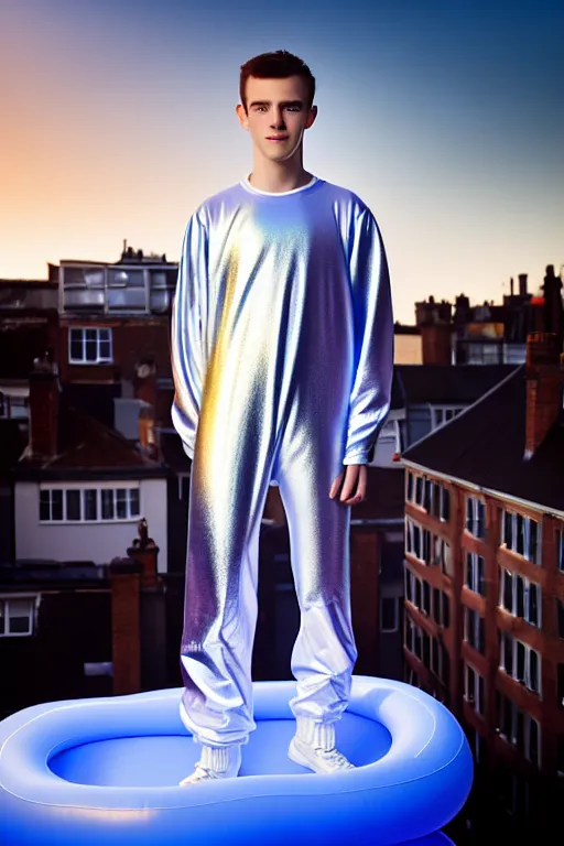 Image similar to un ultra high definition studio quality photographic art portrait of a young man standing on the rooftop of a british apartment building wearing soft baggy inflatable padded silver iridescent pearlescent clothing. three point light. extremely detailed. golden ratio, ray tracing, volumetric light, shallow depth of field. set dressed.