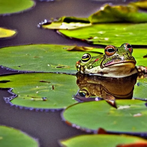 Image similar to close - up of a frog wearing a small crown, in the pond with water lilies, shallow depth of field, highly detailed, autumn, rain, bad weather, ominous, digital art, masterpiece, matte painting, sharp focus, matte painting, by isaac levitan, by monet, asher brown durand,