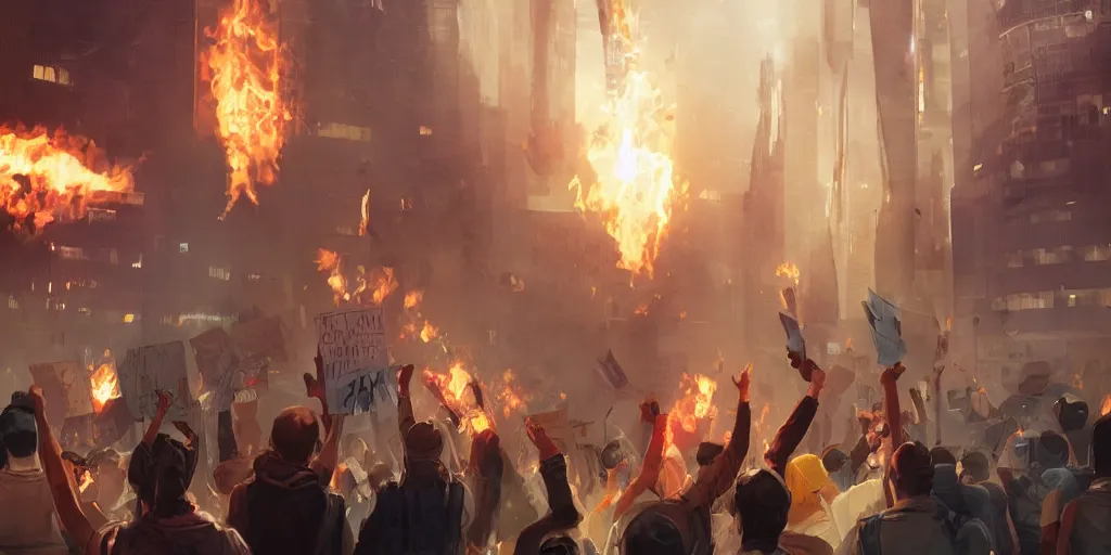 Image similar to protesters holding placards, detailed digital illustration by greg rutkowski, fire, forced perspective, android netrunner