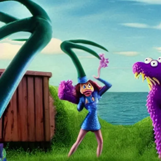 Prompt: a beautiful photo from the live action remake of day of the tentacle