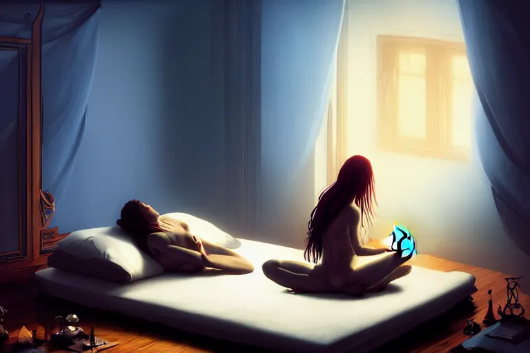 Image similar to girl meditating on the bed in her room, in the style of dariusz zawadzki, solarpunk, exact anatomy, atmospheric, clean, intricate and epic composition, dark by caravaggio, insanely quality, highly detailed, masterpiece, blue light, artstation, 4 k