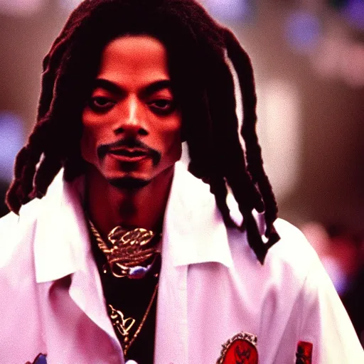 Prompt: a 1990s film still of Snoop Dogg dressed as Michael Jackson, 40mm lens, shallow depth of field, split lighting