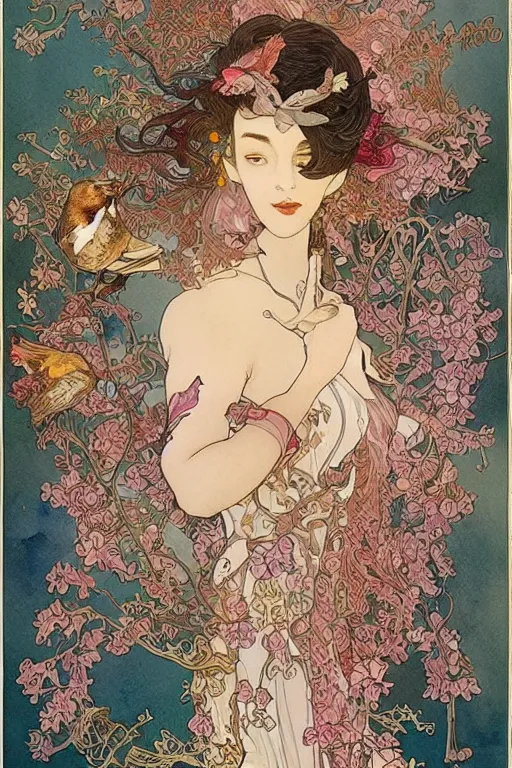 Prompt: a beautiful intricate watercolor illustration of a beatutifull woman with birds, detailed paper, 4 k, ultra - wide angle, ornate, elagant, by william turner, by victo ngai, by alphonse mucha, by miho hirano, by moebius, hd, trending on artstation, hyper detailed, muted intense colors