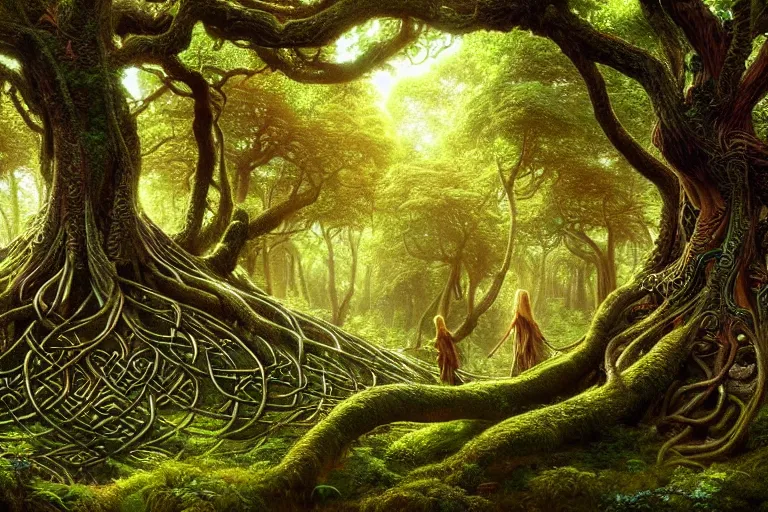 Image similar to a beautiful and highly detailed digital painting of an elven tree with celtic roots in a lush forest, psychedelic patterns, intricate details, epic scale, 8 k, sharp focus, photorealism, artstation, cgsociety, by caspar friedrich, albert bierstadt, james gurney, brian froud,