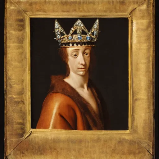 Image similar to renaissance style portrait of an alpine chamois wearing a crown and a cape, dark background