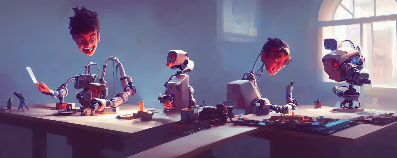 Image similar to excited young programmer, robot details on table, digital art, art - station octane render high detailed hd by jesper ejsing, by rhads, ilya kuvshinov, global illumination.