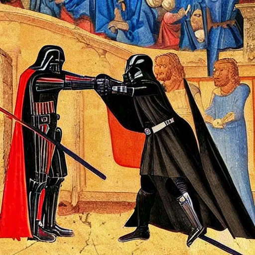 Prompt: Medieval painting of Darth Vader fighting in Rome