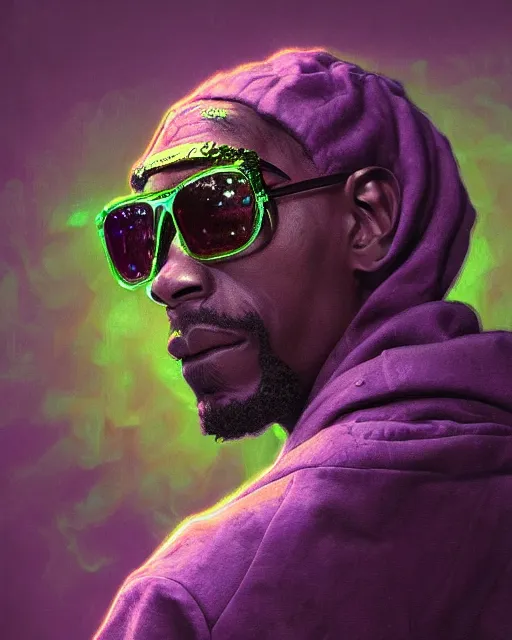 Prompt: snopp dogg holding pounds of weed turkey bags, accurate details, detailed face, purple liquid in cup glowing, fantasy, dramatic, intricate, elegant, highly detailed, digital painting, artstation, concept art, smooth, sharp focus, illustration, art by Gustave Dore, octane render