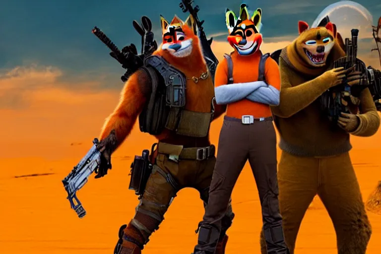 Image similar to nick wilde, heavily armed and armored facing down armageddon in a dark and gritty reboot from the makers of mad max : fury road : witness me