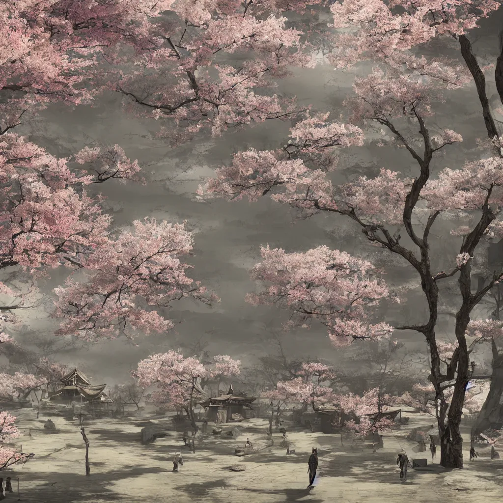 Image similar to old empty samurai city surrounded by sakura trees, matte painting, digital art, artistation