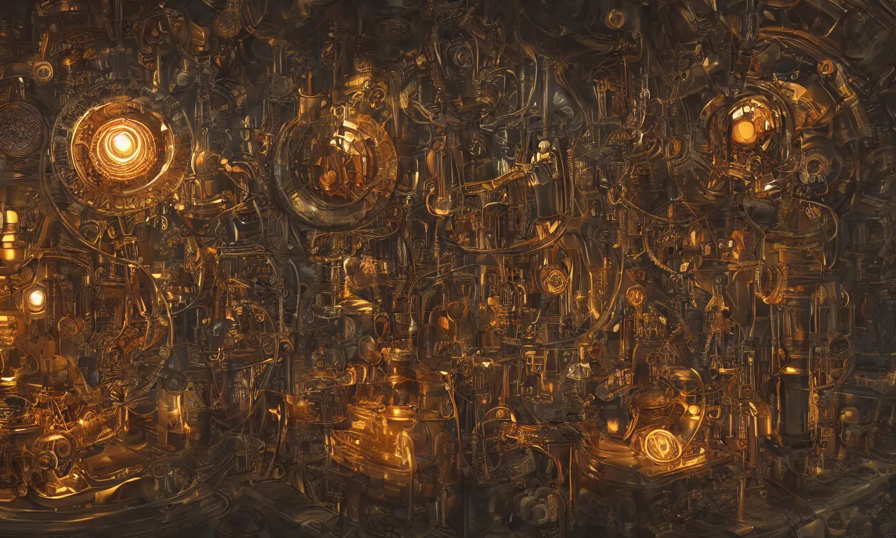 Image similar to steampunk engine laboratory 3 d volume kaleidoscope chakra digital color stylized concept substance natural color scheme, global illumination ray tracing hdr fanart arstation by sung choi and eric pfeiffer and gabriel garza and casper konefal