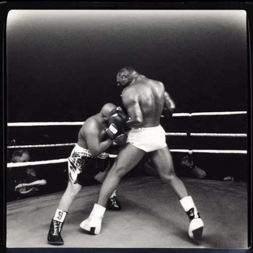 Prompt: polaroid image of mike tyson fighting king kong in a boxing ring n - 8