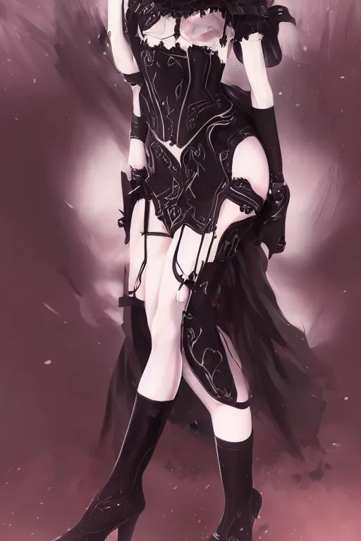 Image similar to pretty gothic lady wearing a full set of black armor and wearing black stockings, fullbody art, drawn by WLOP, by Avetetsuya Studios, anime still, trending on artstation